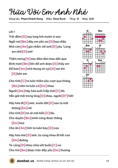 Hợp âm Hứa Với Em Anh Nhé (Mây Trắng) – bản nhạc PDF trang 1, tông G