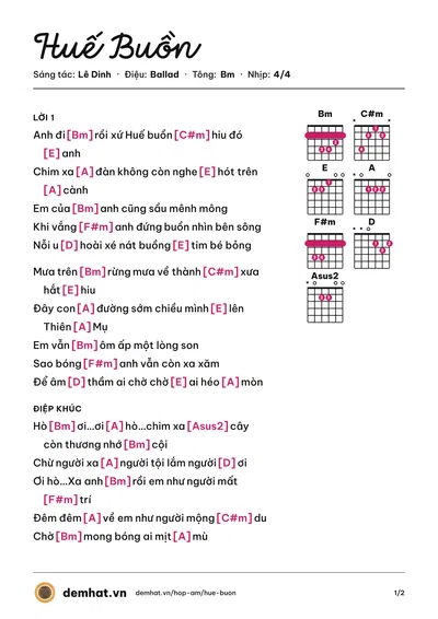 Hợp âm Huế Buồn (Như Quỳnh) – bản nhạc PDF trang 1, tông Bm