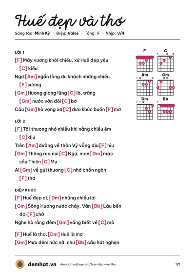 Hợp âm Huế đẹp và thơ (Minh Kỳ) – bản nhạc PDF trang 1, tông F