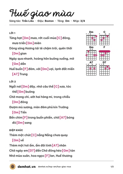 Hợp âm Huế giao mùa (Anh Kim) – bản nhạc PDF trang 1, tông Dm