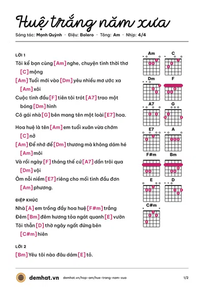 Hợp âm Huệ trắng năm xưa (Mạnh Quỳnh) – bản nhạc PDF trang 1, tông Am
