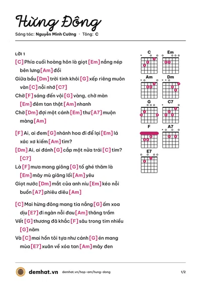 Hợp âm Hừng Đông (Trịnh Đình Quang) – bản nhạc PDF trang 1, tông C