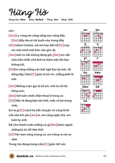 Hợp âm Hững Hờ (Binz) – bản nhạc PDF trang 1, tông Am