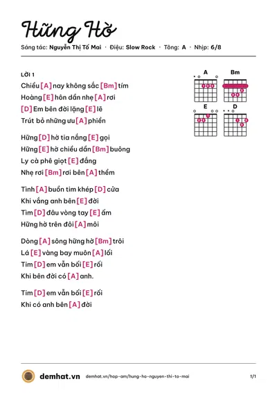 Hợp âm Hững Hờ (Nguyễn Thị Tố Mai) – bản nhạc PDF trang 1, tông A