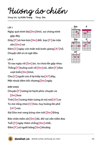 Hợp âm Hương áo chiến (Minh Đạt) – bản nhạc PDF trang 1, tông Dm