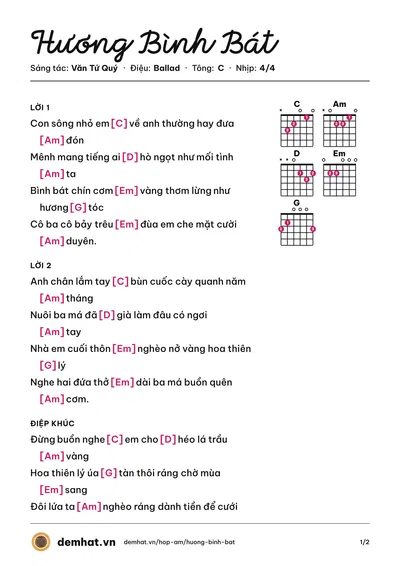 Hợp âm Hương Bình Bát (Văn Tứ Quý) – bản nhạc PDF trang 1, tông C