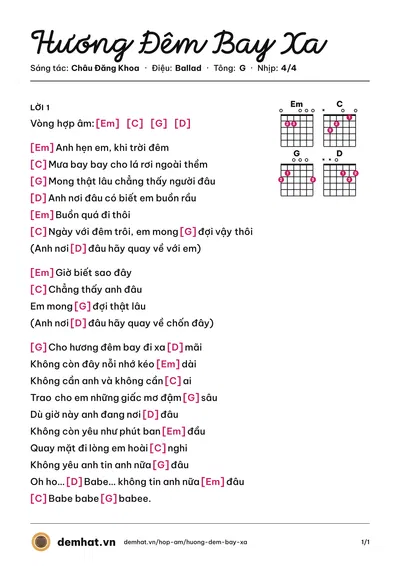 Hợp âm Hương Đêm Bay Xa (Hari Won) – bản nhạc PDF trang 1, tông G