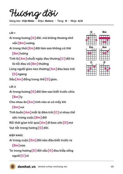 Hợp âm Hương đời (Thu Hương) – bản nhạc PDF trang 1, tông G