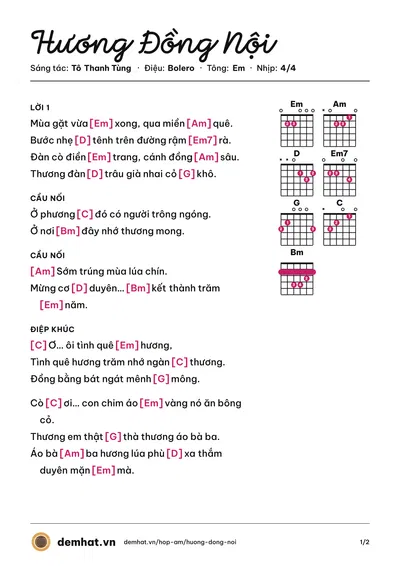Hợp âm Hương Đồng Nội (Khang Lê) – bản nhạc PDF trang 1, tông Em
