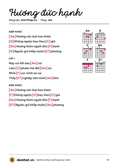 Hợp âm Hương đức hạnh (Bảo Yến) – bản nhạc PDF trang 1, tông Am