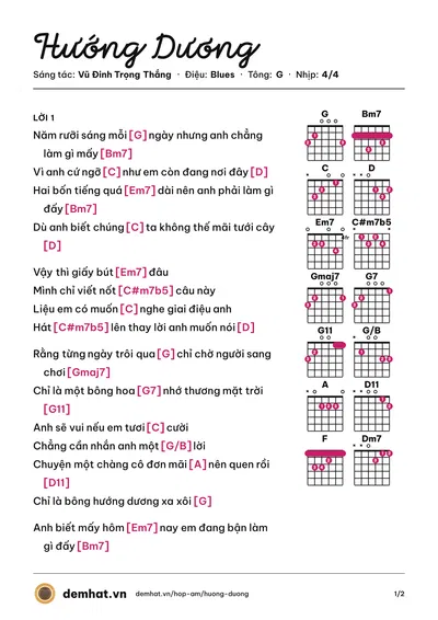 Hợp âm Hướng Dương (Thắng) – bản nhạc PDF trang 1, tông G