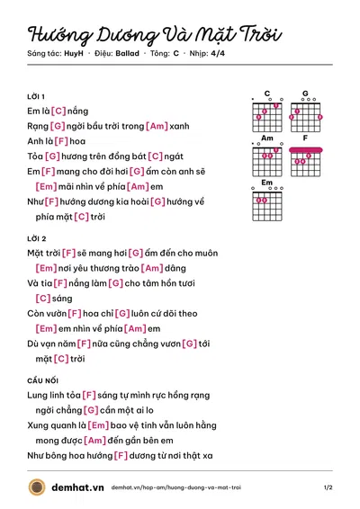 Hợp âm Hướng Dương Và Mặt Trời (HuyH) – bản nhạc PDF trang 1, tông C