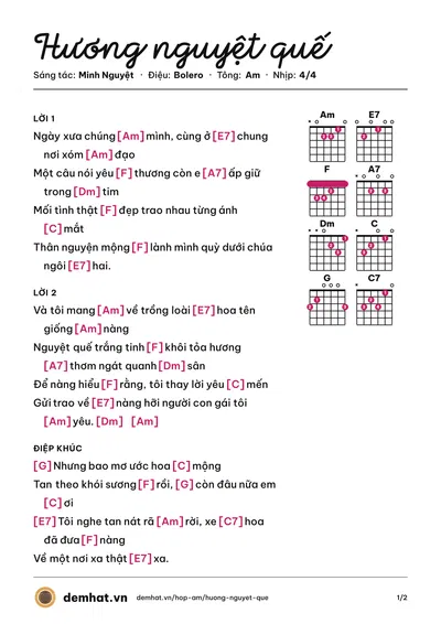 Hợp âm Hương nguyệt quế (Chế Kha) – bản nhạc PDF trang 1, tông Am