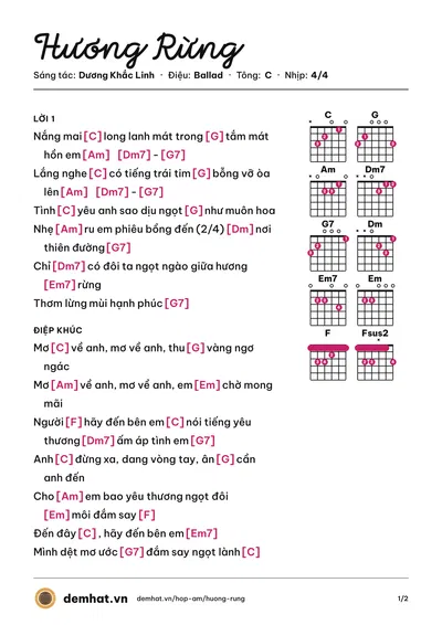 Hợp âm Hương Rừng (Vy Oanh) – bản nhạc PDF trang 1, tông C