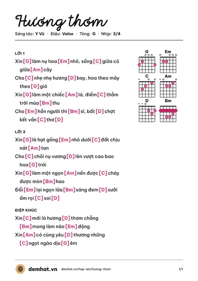 Hợp âm Hương thơm (Diệu Hiền) – bản nhạc PDF trang 1, tông G