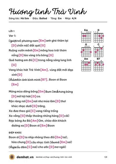 Hợp âm Hương tình Trà Vinh (Hương Thủy) – bản nhạc PDF trang 1, tông Em