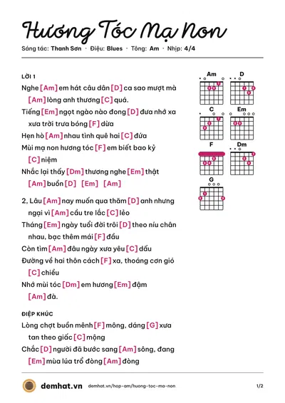 Hợp âm Hương Tóc Mạ Non (Cẩm Ly) – bản nhạc PDF trang 1, tông Am