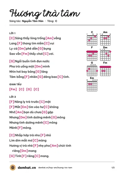 Hợp âm Hương trà tâm (Nguyễn Tâm Hàn) – bản nhạc PDF trang 1, tông C