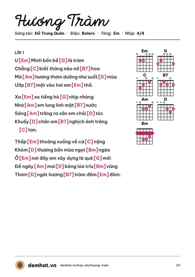 Hợp âm Hương Tràm (Bonneur Trinh) – bản nhạc PDF trang 1, tông Em