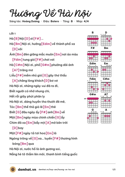 Hợp âm Hướng Về Hà Nội (Quang Dũng) – bản nhạc PDF trang 1, tông B
