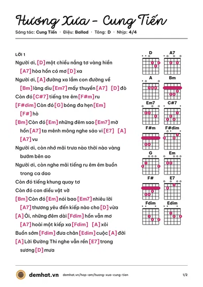 Hợp âm Hương Xưa - Cung Tiến (Trần Hiếu) – bản nhạc PDF trang 1, tông D