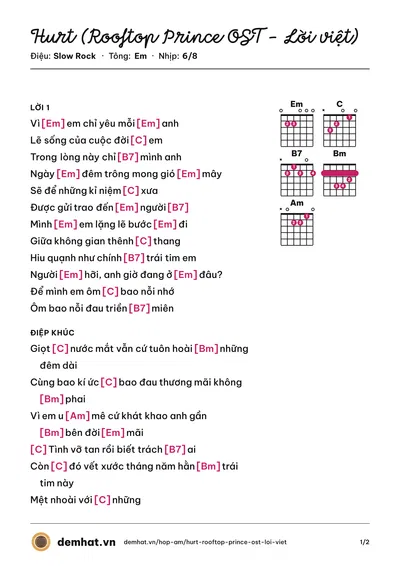 Hợp âm Hurt (Rooftop Prince OST - Lời việt) (Ali) – bản nhạc PDF trang 1, tông Em