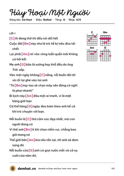 Hợp âm Hủy Hoại Một Người (Ed.Hast) – bản nhạc PDF trang 1, tông G