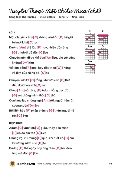 Hợp âm Huyền Thoại Một Chiều Mưa (chế) (Thế Phương) – bản nhạc PDF trang 1, tông C