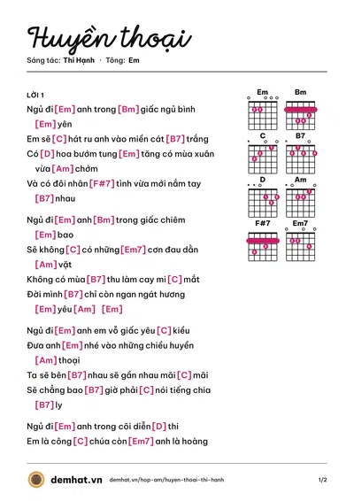 Hợp âm Huyền thoại (Trường Thư) – bản nhạc PDF trang 1, tông Em