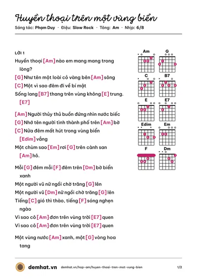 Hợp âm Huyền thoại trên một vùng biển (Phạm Duy) – bản nhạc PDF trang 1, tông Am
