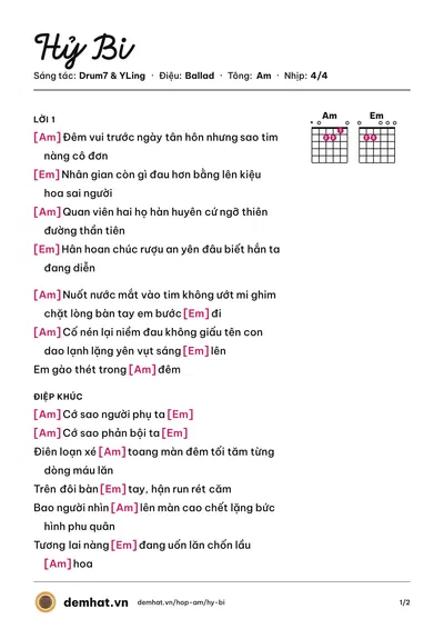 Hợp âm Hỷ Bi (Drum7) – bản nhạc PDF trang 1, tông Am