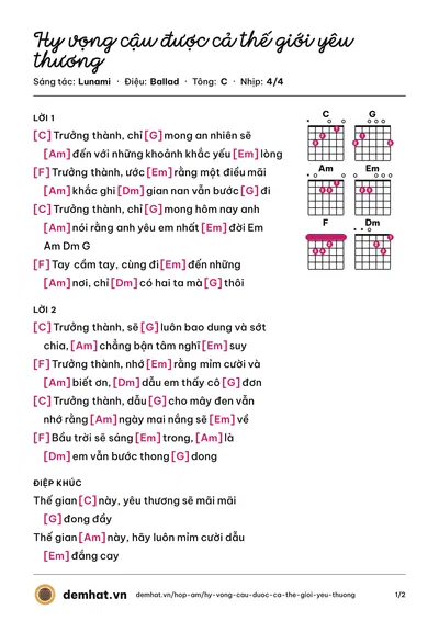 Hợp âm Hy vọng cậu được cả thế giới yêu thương (Lunami) – bản nhạc PDF trang 1, tông C