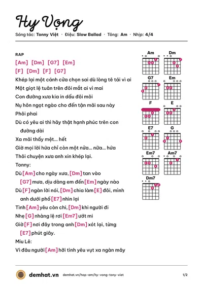 Hợp âm Hy Vọng (Miu Lê) – bản nhạc PDF trang 1, tông Am