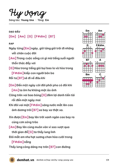Hợp âm Hy vọng (Young Uno) – bản nhạc PDF trang 1, tông Em