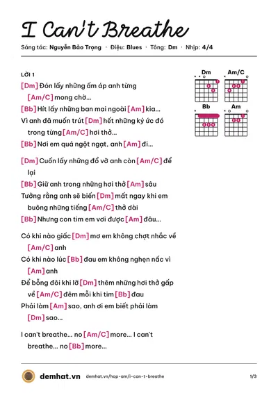 Hợp âm I Can't Breathe (Bảo Thy) – bản nhạc PDF trang 1, tông Dm