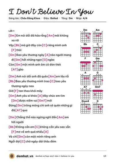 Hợp âm I Don't Believe In You (Noo Phước Thịnh) – bản nhạc PDF trang 1, tông Dm