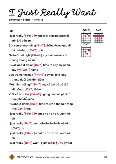 Hợp âm I Just Really Want (Hà Kiểm) – bản nhạc PDF trang 1, tông B
