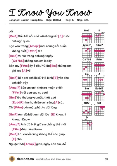 Hợp âm I Know You Know (Soobin Hoàng Sơn) – bản nhạc PDF trang 1, tông A