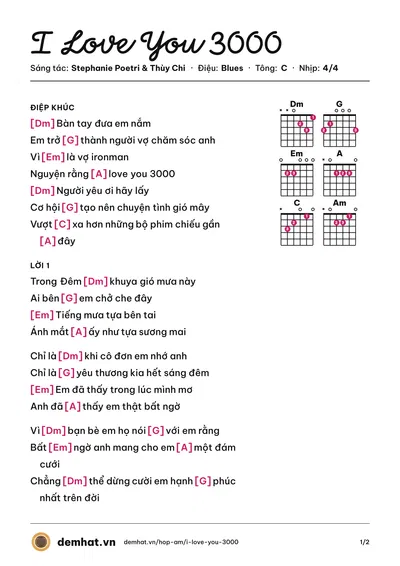 Hợp âm I Love You 3000 (Thùy Chi) – bản nhạc PDF trang 1, tông C