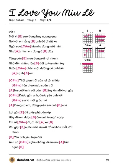Hợp âm I Love You Miu Lê (Miu Lê) – bản nhạc PDF trang 1, tông E