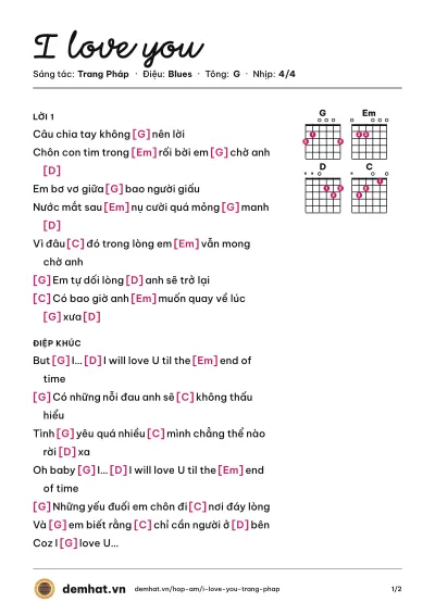 Hợp âm I love you (Bảo Thy) – bản nhạc PDF trang 1, tông G