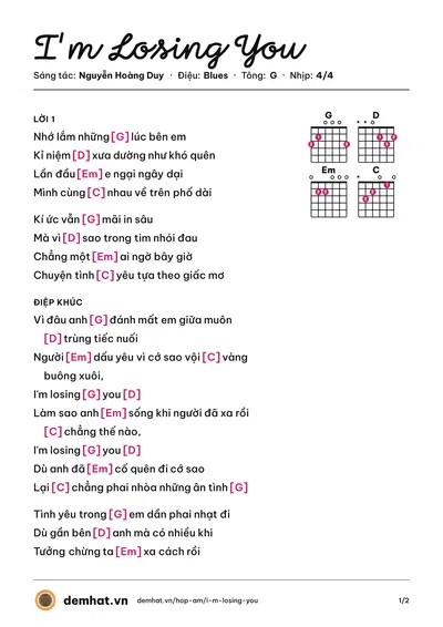 Hợp âm I'm Losing You (Bùi Anh Tuấn) – bản nhạc PDF trang 1, tông G