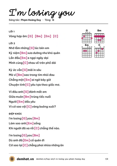 Hợp âm I’m losing you (Phạm Hoàng Duy) – bản nhạc PDF trang 1, tông G
