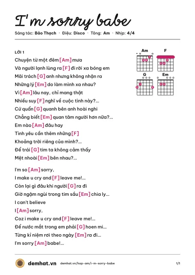 Hợp âm I'm sorry babe (Bảo Thy) – bản nhạc PDF trang 1, tông Am