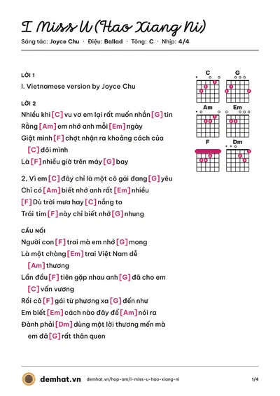 Hợp âm I Miss U (Hao Xiang Ni) (Joyce Chu) – bản nhạc PDF trang 1, tông C