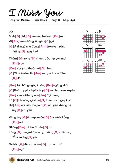Hợp âm I Miss You (Mr.Siro) – bản nhạc PDF trang 1, tông G