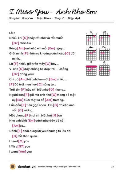 Hợp âm I Miss You - Anh Nho Em (Harry Vo) – bản nhạc PDF trang 1, tông C