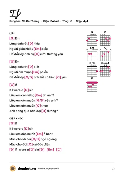 Hợp âm If (Vũ Cát Tường) – bản nhạc PDF trang 1, tông G