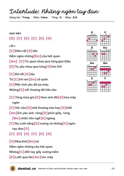 Hợp âm Interlude: Những ngón tay đan (Trang) – bản nhạc PDF trang 1, tông G
