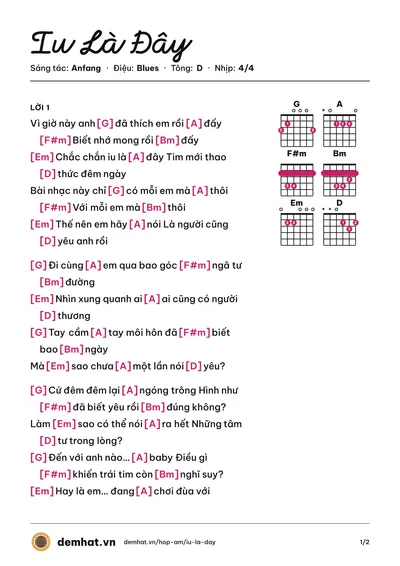Hợp âm Iu Là Đây (Sean) – bản nhạc PDF trang 1, tông D